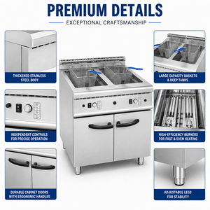 Friteuse professionnelle à gaz double 21L*2 31kW en acier inoxydable sur pied avec armoire pour cuisine de restaurant - Product Image 2