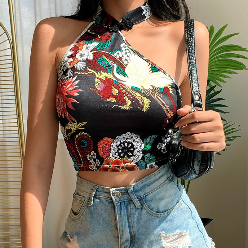 Tops De Mujer Con Cuello Halter Estampado Con Cordones Umbil Tops De Mujer Con Cuello Halter Estampado Con Cordones Umbil