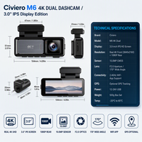 Caméra embarquée Civiero double canal 4K avec WiFi et GPS, double objectif avant et intérieur, boîte noire de voiture, enregistreur de conduite