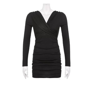 V Neck Long Sleeve Black Bodycon Dress Tight Waist Pleated Party Casual Dress - Product Image 5