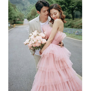 Pink Tulle Off-Shoulder Ball Gown Wedding Dress Empire Waistline Strapless For Studio Street Photography Portrait - Product Image 1