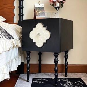 Premium <b>Black</b> Solid Wood Nightstand French Vintage Mother-of-pearl Inlay Spindle Legs Bedroom Furniture Stable <b>Bedside</b> <b>Cabinet</b> - Product Image 3