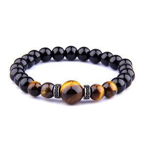 <span class=keywords><strong>Bracciale</strong></span> Trendy con Perle Distanziatrici in <span class=keywords><strong>Ossidiana</strong></span> <span class=keywords><strong>Nera</strong></span> da 8mm, Occhio di Tigre e Strass, con Ciondolo in Agata per Coppie - Product Image 1