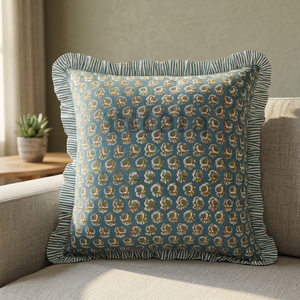 Fundas de Almohada Decorativas al por Mayor, Nuevas, Marca Ridhi, Color Azul Pavo Real, con Volantes, Diseño Floral a Cuadros, Estilo Vintage Moderno, Decoración de Hogar de Lujo - Product Image 3