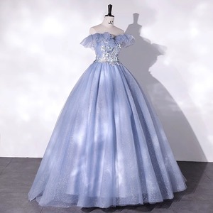 Off The Shoulder Ball Gown Evening Dress Gray Blue Champagne Color Organza Empire Waistline Simple Elegant Design - Product Image 3