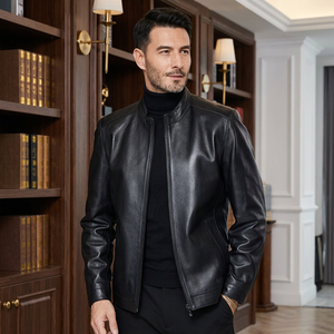 Black Mens Pure Sheep Leather Zipper <b>Jacket</b> Men's Black & BROWN Genuine Lambskin Leather Biker MOTO cafe racer <b>Jackets</b> - Product Image 4