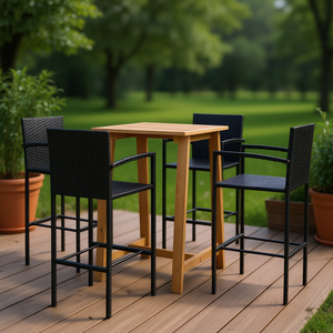Conjunto de Muebles de Bar para Patio de 5 Piezas en Negro, Madera de Teca, Ratán, Estructura Metálica, Estilo Contemporáneo Moderno para Exteriores - Product Image 2
