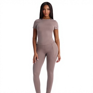<b>Women</b> Yoga Set <b>Short</b> Sleeve Crew Neck Top High Waist Full Length <b>Leggings</b> Solid Color 2 Piece Workout Outfit - Product Image 1