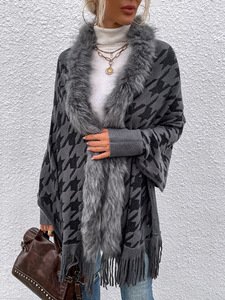 Poncho de punto con cuello de piel para <span class=keywords><strong>mujer</strong></span>, chal de lujo, <span class=keywords><strong>cárdigan</strong></span> con borla, otoño e invierno, <span class=keywords><strong>2022</strong></span> - Product Image 4