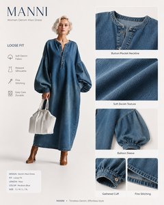 Abito da Donna Personalizzato, Vestito in Denim Blu con Maniche a Sbuffo, Vestito Lungo Estivo da Donna - Product Image 4