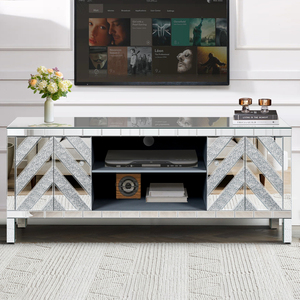 Mirrored TV <b>Stand</b> 65+ Inch Silver Console Table M Shape Sparkling <b>Mirror</b> Open Storage with 2 Cabinets - Product Image 6