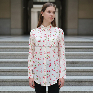 Camisa de Seda con Botones y Estampado de Cerezas Personalizada para <span class=keywords><strong>Mujer</strong></span>, Blusa Informal para Dama - Product Image 1