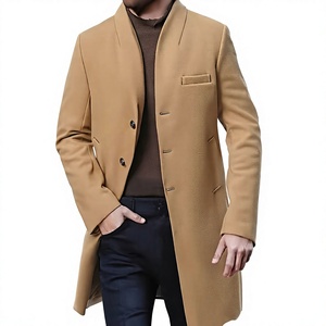 Manteau en laine pour homme à simple boutonnage, revers cranté, long, épais, coupe ajustée, noir, style trench, manches classiques, en tissu tissé - Product Image 1