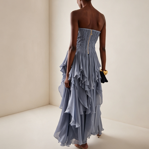 <span class=keywords><strong>Robe</strong></span> longue bustier en mousseline froissée bleu poussière, coupe cœur, à volants étagés, fermeture éclair au dos, pour demoiselle d'honneur ou invitée <span class=keywords><strong>de</strong></span> mariage - Product Image 2
