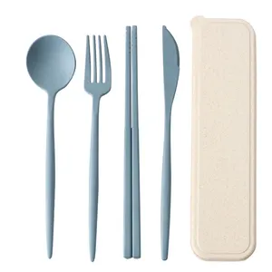 Lúa Mì Flatware với muỗng nĩa dao và đũa thiết lập với lúa mì trường hợp Cắm Trại Di động thiết lập dao kéo lúa mì rơm muỗng và Ngã Ba