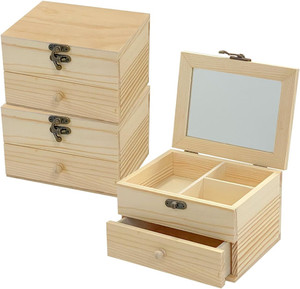 <b>Unfinished</b> Wooden Jewelry Box (6x4.7x4 in) Natural <b>Wood</b> Surface <b>Chest</b> With Glass Mirror and One <b>Small</b> Drawer - Product Image 2