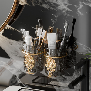 <b>Toothbrush</b> <b>Holder</b> <b>Wall</b> <b>Mounted</b> Suction Cup Transparent With Gold Rose Design For Bathroom - Product Image 2