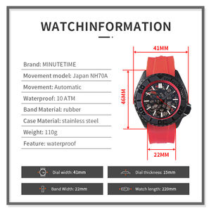 Montre Homme Automatique MINUTETIME SKX007 SKX009 NH70 Étanche avec Cadran Creux, Aiguilles Lumineuses et Mouvement Éclair, Rouge - Product Image 6