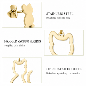 Boucles d'oreilles pendantes en forme de chat en acier inoxydable plaqué or 14 carats par électrolyse sous vide, polies - Product Image 2