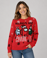 Pull de Noël pour femme FNJIA, pull court en tricot, motif jacquard avec inscription PICKLE, fente latérale, manches longues, rose poudré, pull décontracté