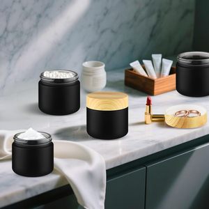 Luxury Face & Eye Cream Cosmetic Packaging Empty Matte Black Glass Jar Round Wood Grain Plastic Cap Refillable 5g-50g Skincare - Product Image 4
