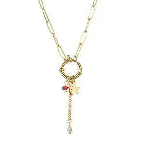 Cadena de eslabones redondos geométricos, collar de estrella con hebilla de acero inoxidable, chapado en oro europeo