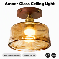 Plafonnier avec abat-jour en verre ambré, E27, 220V, luminaire avec finition couleur noyer, pour restaurant et maison