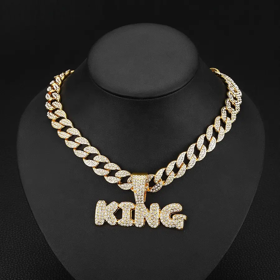Fast Shipping Stock KING Letter Pendant Creative Trend Alloy Full Diamond Iced Out Men Women Hip Hop Cuban Link Chain Necklace