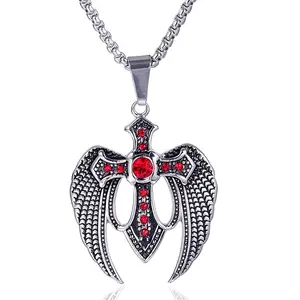 Pendentif avec ailes féeriques d'ange, bijoux de mode, collier en acier inoxydable, collier de jésus, pendentif croisé pour hommes et femmes, nouvelle collection