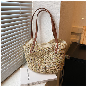 Straw Woven Tote Bag Women Large Capacity Bohemian Style Beach Vacation Shoulder Bag Horizontal <b>Square</b> Zipper Closure - Product Image 2