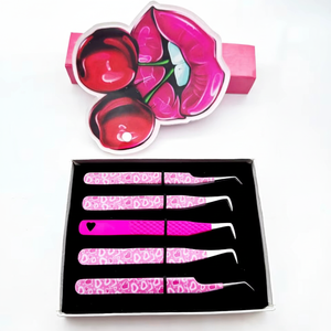 New 90 Degree <b>Pink</b> Paper Coating 45 Degree Eyelash Extension Tweezers With Cherry Lip Lash Tile Custom Logo Beauty Instrument - Product Image 1
