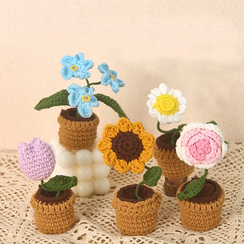 Mão-crochê artificial flor Rose tulipa flor mini vaso flor escritório decoração lã produto acabado lã fio bonsai