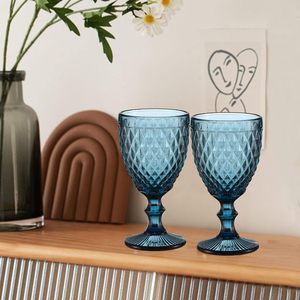 Bleu Vintage Verres À Vin Colore Gobelets Motif En Relief Tige Verrerie De Noce Bar Tasses À Boire Diamant Bleu - Product Image 5