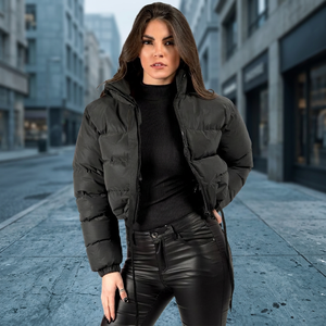 Chaqueta acolchada negra para mujer, corta, con cuello alto, cierre de cremallera, estilo bomber, a prueba de viento, para invierno. - Product Image 3