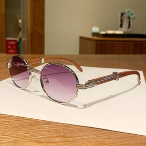 New Retro Faux Wood Grain Sunglasses UV400 Protection Men's Women's Trendy European American Fashion Oval Metal for Children - Product Image 3
