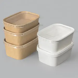 customize logo printing disposable white paper food container rectangular food box kraft paper salad bowl with PP PET paper lid