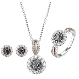 Klassischer Damen schmuck aus echtem Gold 9 Karat Roségold mit schwarzem Zirkon Sterling Silber Ohr stecker Halo Diamond Ring Set