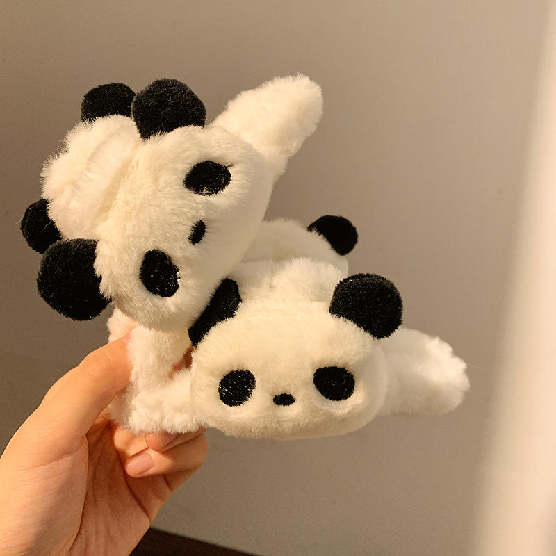 Cute Cartoon Panda Plush Hair Claw Clip Winter Soft Fluffy Fur Hair Clamp Big Size Shark Clip Girls Daily Hair Accessories