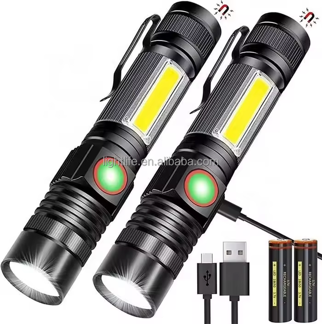 Super Bright USB Rechargeable Flashlight Zoom Tactical LED Flashlight Magnetic Pocket COB Work Light Long Range Torch Light