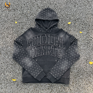 Custom Streetwear High Quality <b>Rhinestone</b> <b>Hoodie</b> Heavyweight Cotton Distress Letter Patch Vintage Oversized Washed Men's <b>Hoodie</b> - Product Image 1