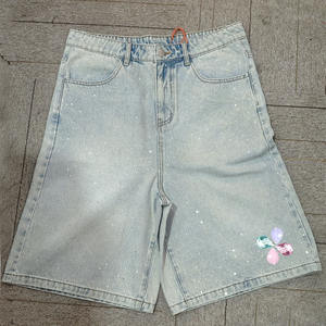 Shorts de Jean de Algodón Vintage de Alta Calidad del Fabricante con Logotipo Personalizado de Pedrería para Mujer y <span class=keywords><strong>Hombre</strong></span> con Lavado Ácido y Desgastado por el Sol - Product Image 2