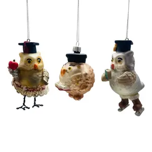 Coruja de metal decoração, ornamentos de coruja, pássaro, estatueta de formatura e pós-homem de vidro, enfeite de natal