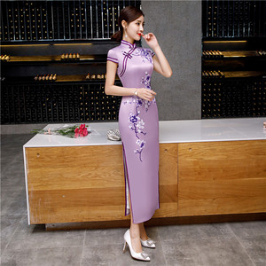 Vestido Cheongsam elegante <span class=keywords><strong>de</strong></span> Jacquard Floral hasta el suelo <span class=keywords><strong>de</strong></span> verano para mujeres jóvenes Qipao ropa <span class=keywords><strong>de</strong></span> <span class=keywords><strong>fiesta</strong></span> China - Product Image 2