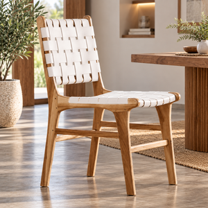 Modern Wood Garden <b>Chair</b> With <b>White</b> Woven Seat And Back Tapered Legs Durable Outdoor Furniture For Dining - Product Image 1