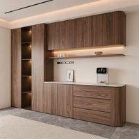 Buffet moderne en noyer avec étagères ouvertes, éclairage LED, meuble de rangement rustique en bois pour salle à manger et couloir