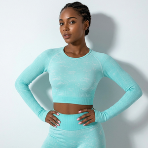 Haut court à manches longues et col rond pour femme, couleur unie, respirant, en spandex et polyester, pour le yoga, coupe classique - Product Image 1