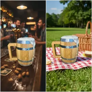 Chope à bière en bois 700ml avec poignée, design vintage, pour les fêtes - Product Image 3