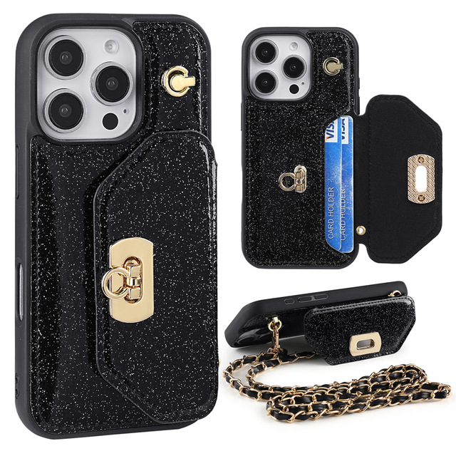 Metal Chain Lanyard Leather Zip Wallet Card Phone Case for iPhone 16 15 14 Pro Max Purse Flip Stand Cover for iPhone 16 Plus