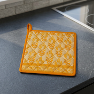 Porta ollas acolchado de algodón premium con estampado botánico y borde naranja – Porta ollas de cocina resistente al calor con asa para colgar - Product Image 2