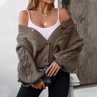 Kardigan Rajut Wanita Model Kabel Knit V-Neck Kancing Depan Lengan Panjang Longgar untuk Musim Gugur Musim Dingin Kasual Berlapis